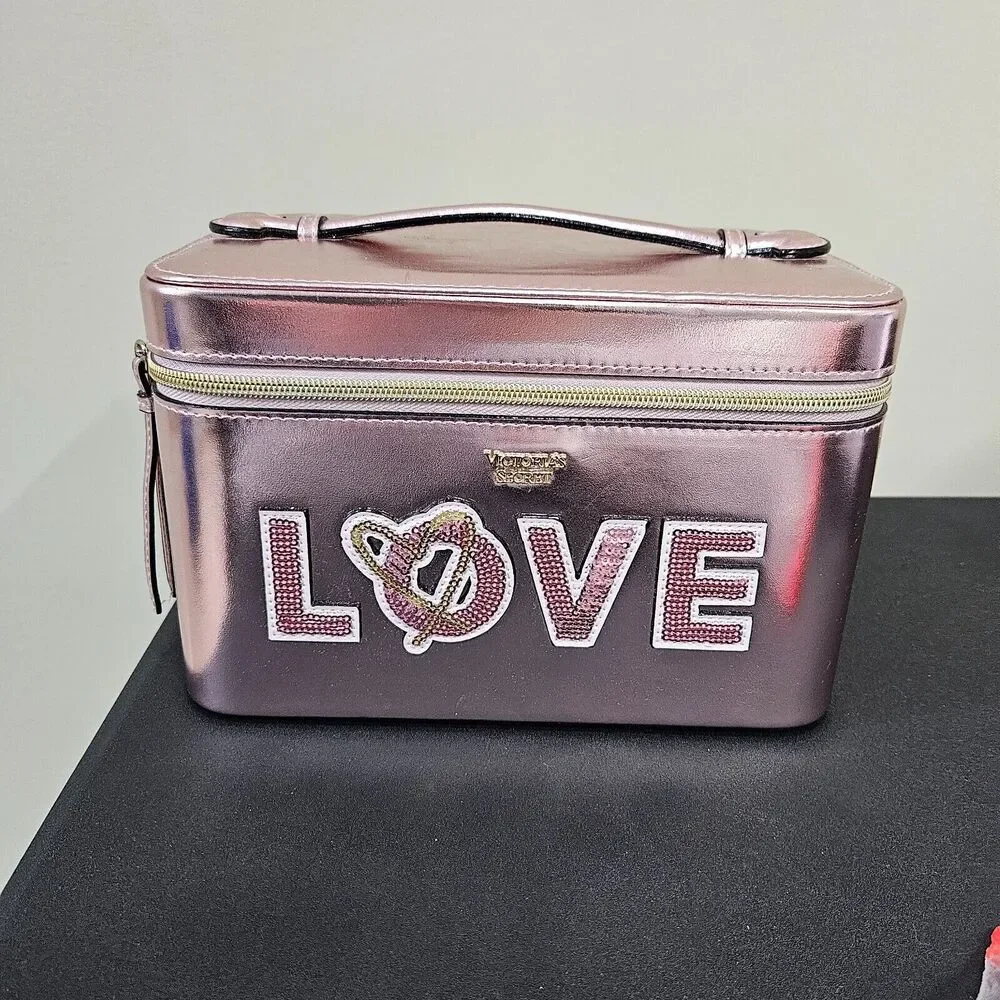 Victoria's Secret Love Runway Vanity Case Metallic Pink Sequin Makeup Cosmetic