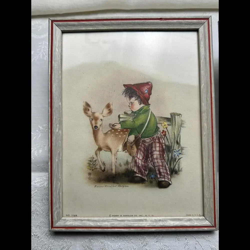 Vintage 1940s Lithograph Framed Nursery Art Pair Marion Bradford Burgess