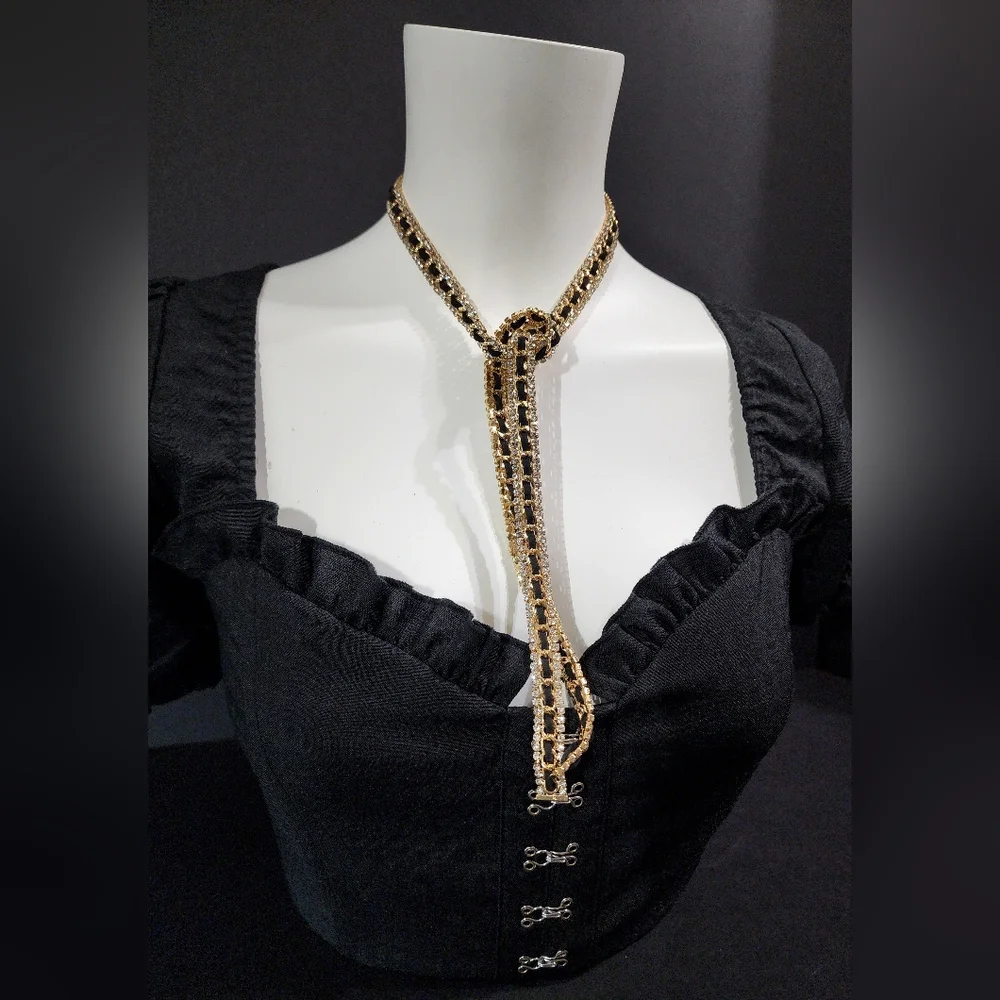 Long Gold, Black, Clear Rhinestoned Tie Necklace