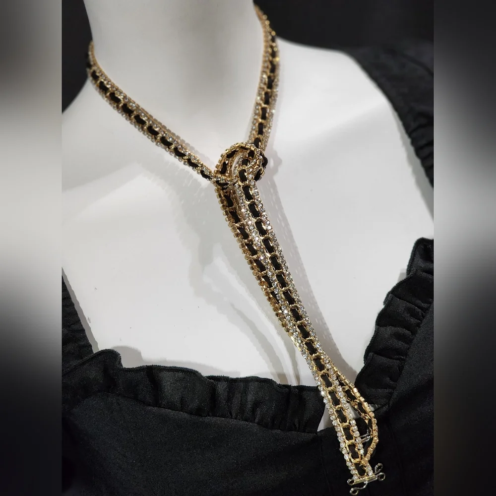Long Gold, Black, Clear Rhinestoned Tie Necklace