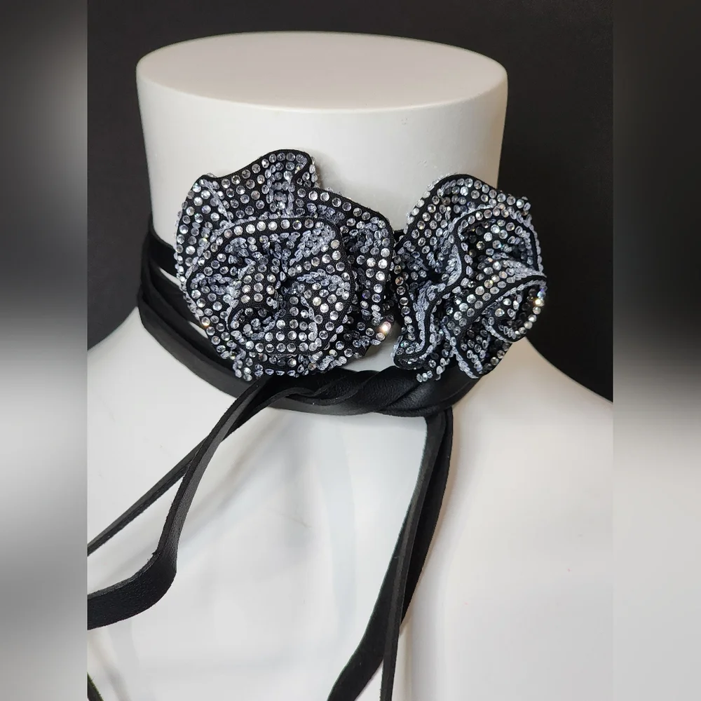 Black Rhinestone Rose Long Tie Choker Necklace