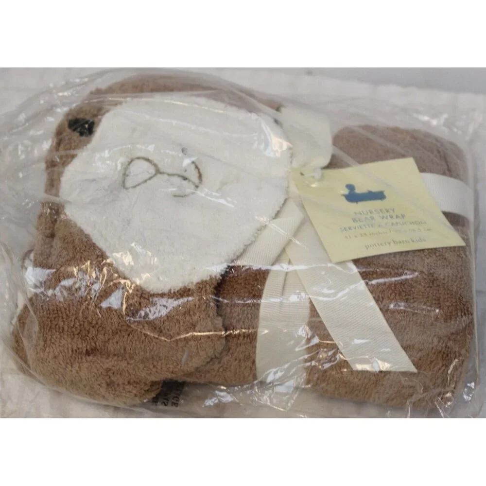 NEW Pottery Barn Kids Baby Hooded Towel Wrap Brown Bear Nursery Shower Gift