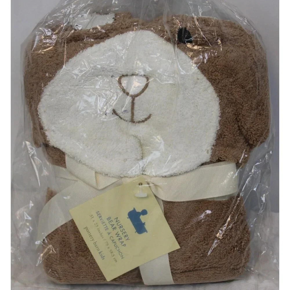 NEW Pottery Barn Kids Baby Hooded Towel Wrap Brown Bear Nursery Shower Gift