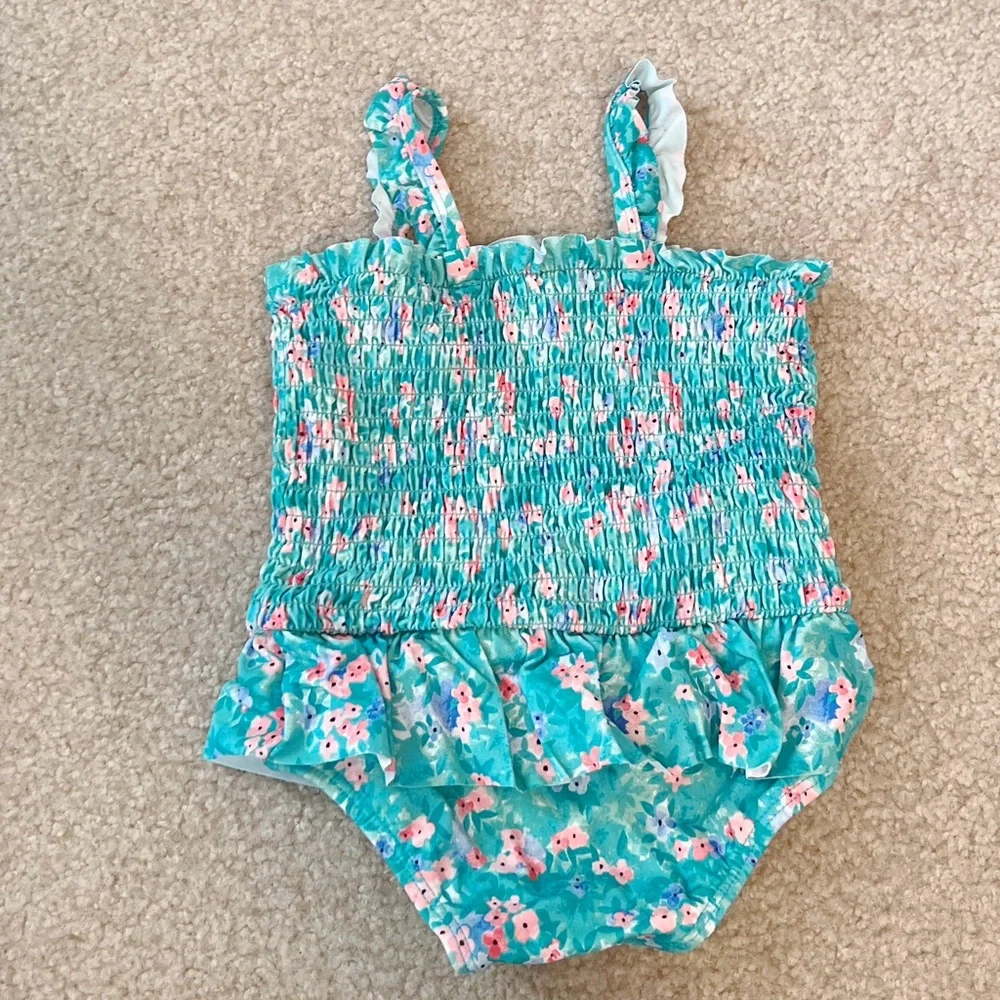 Baby Girl Janie and Jack Ditsy Floral Smocked Swimsuit in sea blue ditsy floral