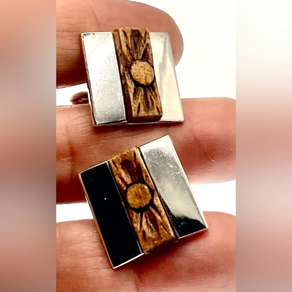 Vintage Signed Swank Silver Tone Cufflinks with Carved Wooden Design