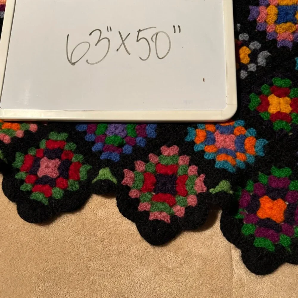 Vintage Hand Crocheted Granny Squares Quilt 63” x 50” black trim colorful vibran