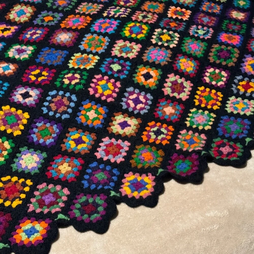 Vintage Hand Crocheted Granny Squares Quilt 63” x 50” black trim colorful vibran