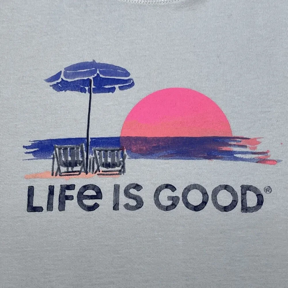 NWT LIFE IS GOOD Beach T-shirt Women’s Small Ocean Lake Sun I Like It Here Green