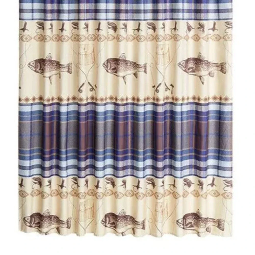 Fly Fishing Shower Curtain Rod Reel Lures Fish Lodge Blue Plaid Tan 72