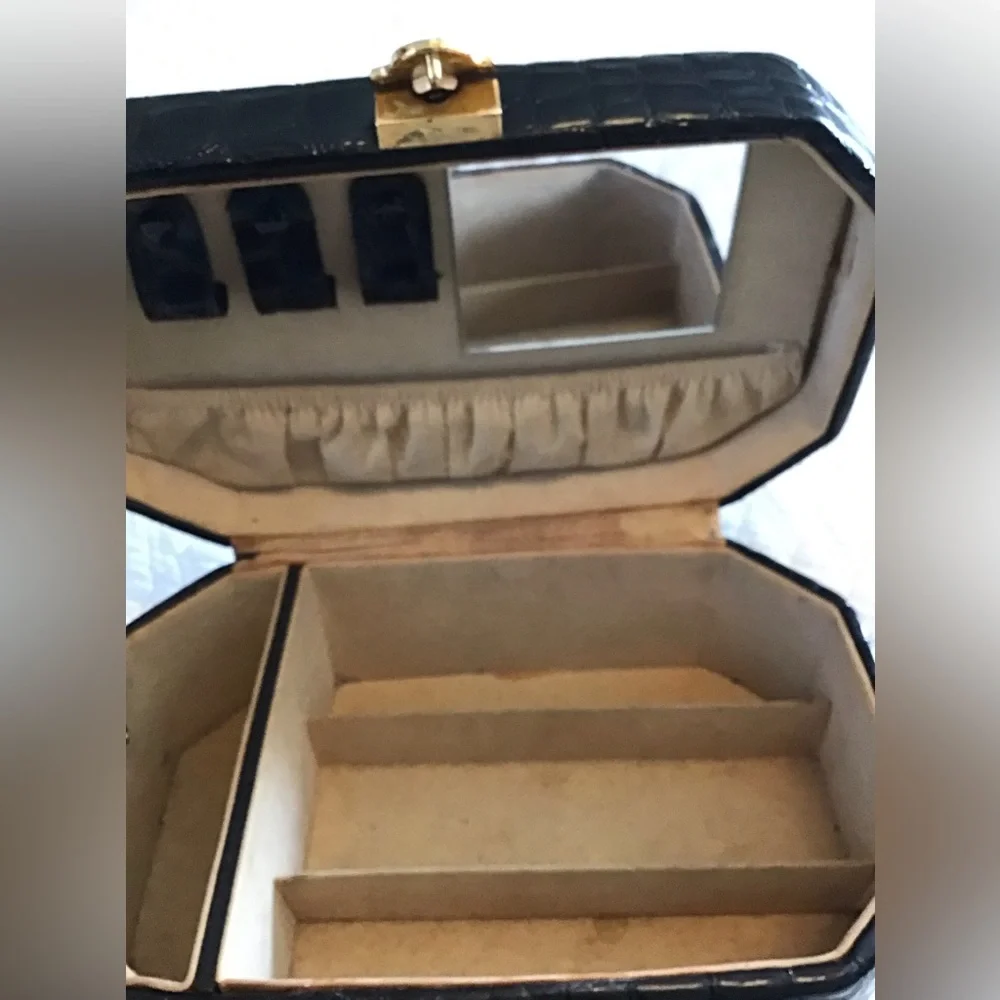 Vintage Croc Embossed JEWELRY BOX Travel Case Black Patent