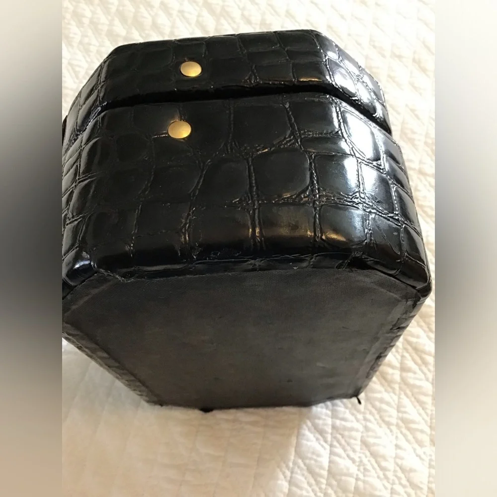 Vintage Croc Embossed JEWELRY BOX Travel Case Black Patent