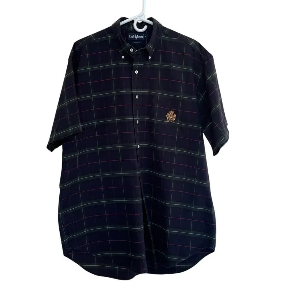 Ralph Lauren | Large Blue Green Tartan Plaid Cotton Embroidered Crest Shirt 90s