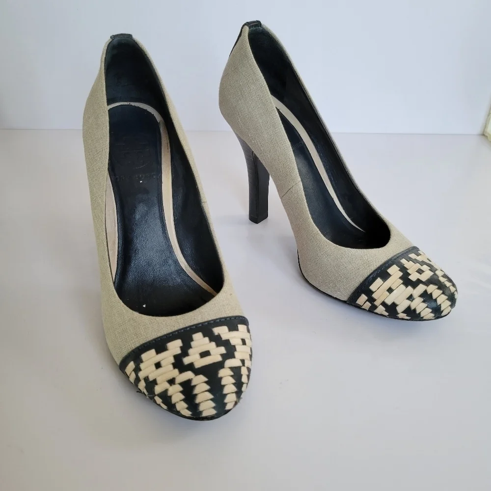Tory Burch Woven Leather and Canvas Round Toe Pump