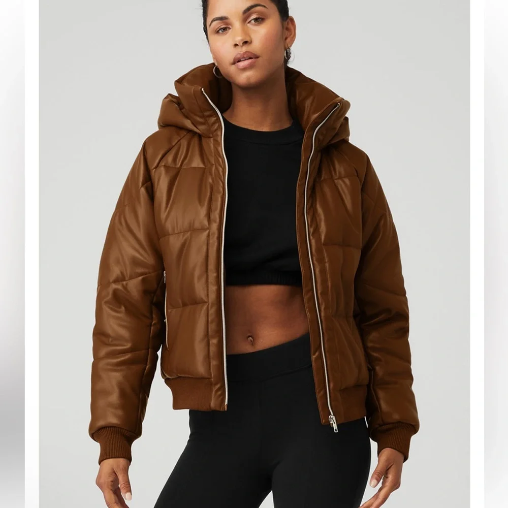 ALO Yoga Faux Leather Boss Puffer Jacket, Toasted Almond Sz XS NWT PRICE FIRM