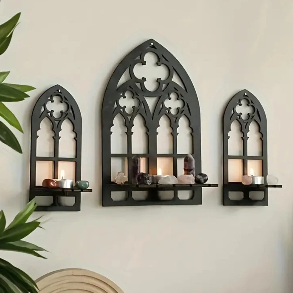 NEW! Set of 3 Wooden Classic Gothic Cathedral Wall Shelves in Black!