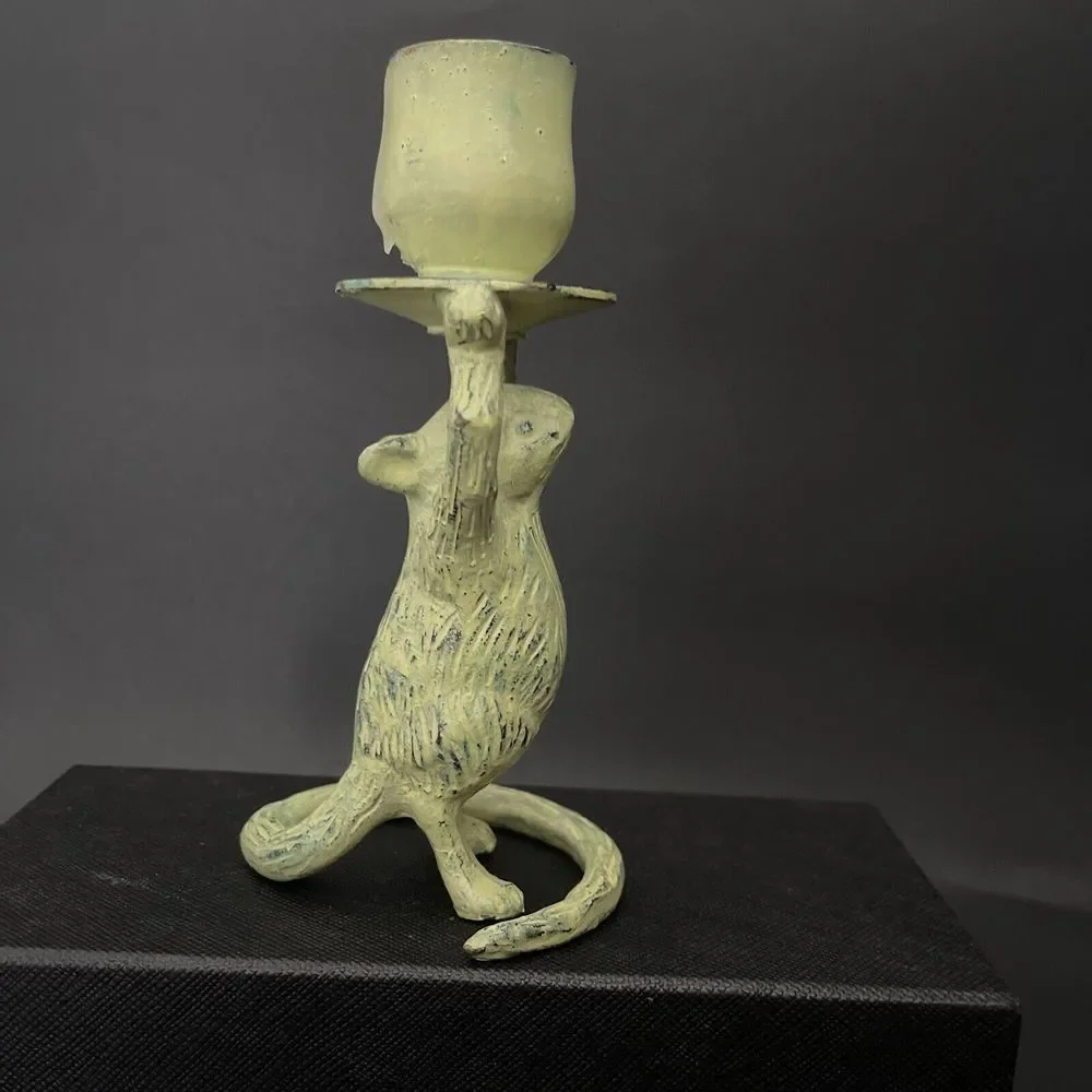 Painted Solid Brass Mouse w teacup Candle Stick Holder- 5-1/2