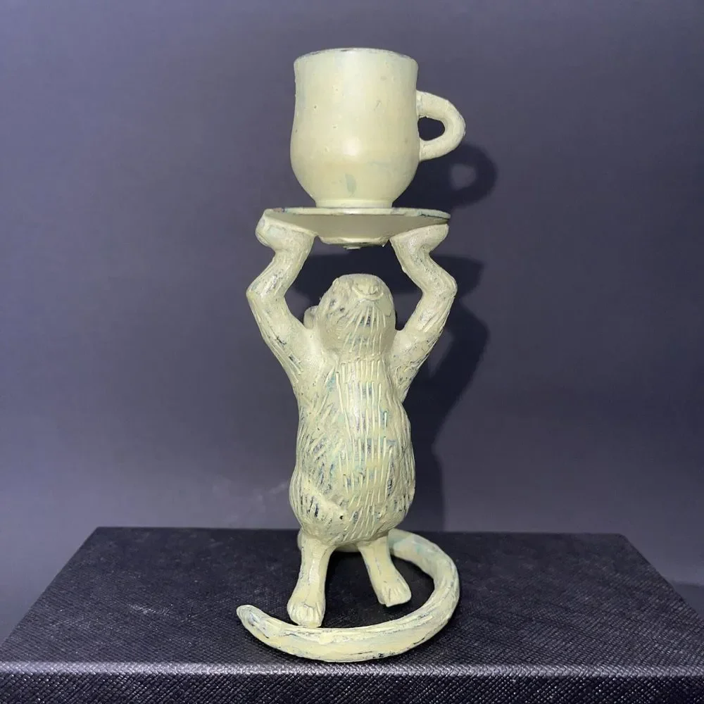 Painted Solid Brass Mouse w teacup Candle Stick Holder- 5-1/2
