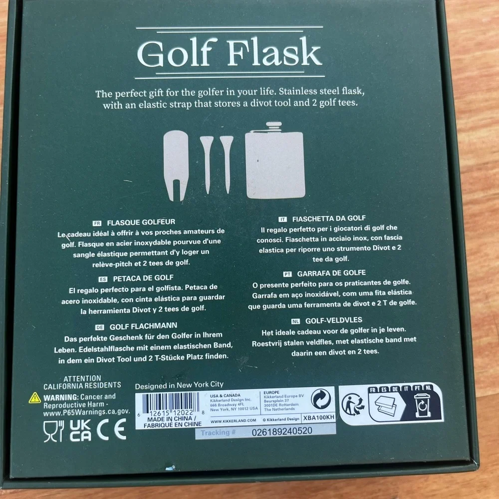 NEW Kikkerland Golf Stainless Steel Flask with Green Holder (Holds 6oz)