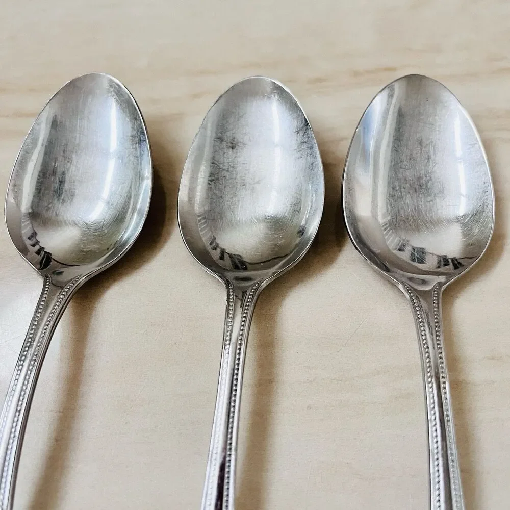 3pc F.B Rogers by Towle Norfolk Soup Spoon Stainless 7 1/4” Beaded Edge Glossy