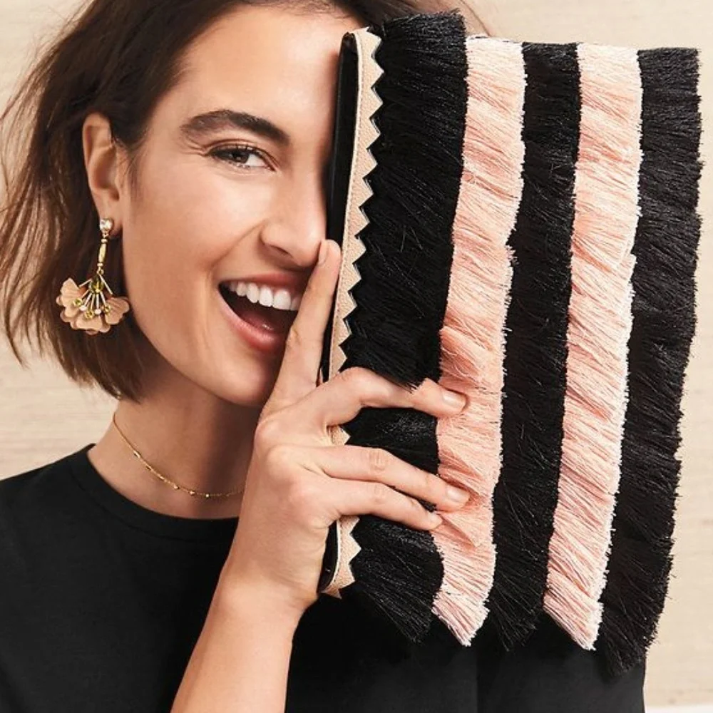 Stella & Dot | Eloise Blush+Black Fringe Clutch Retired