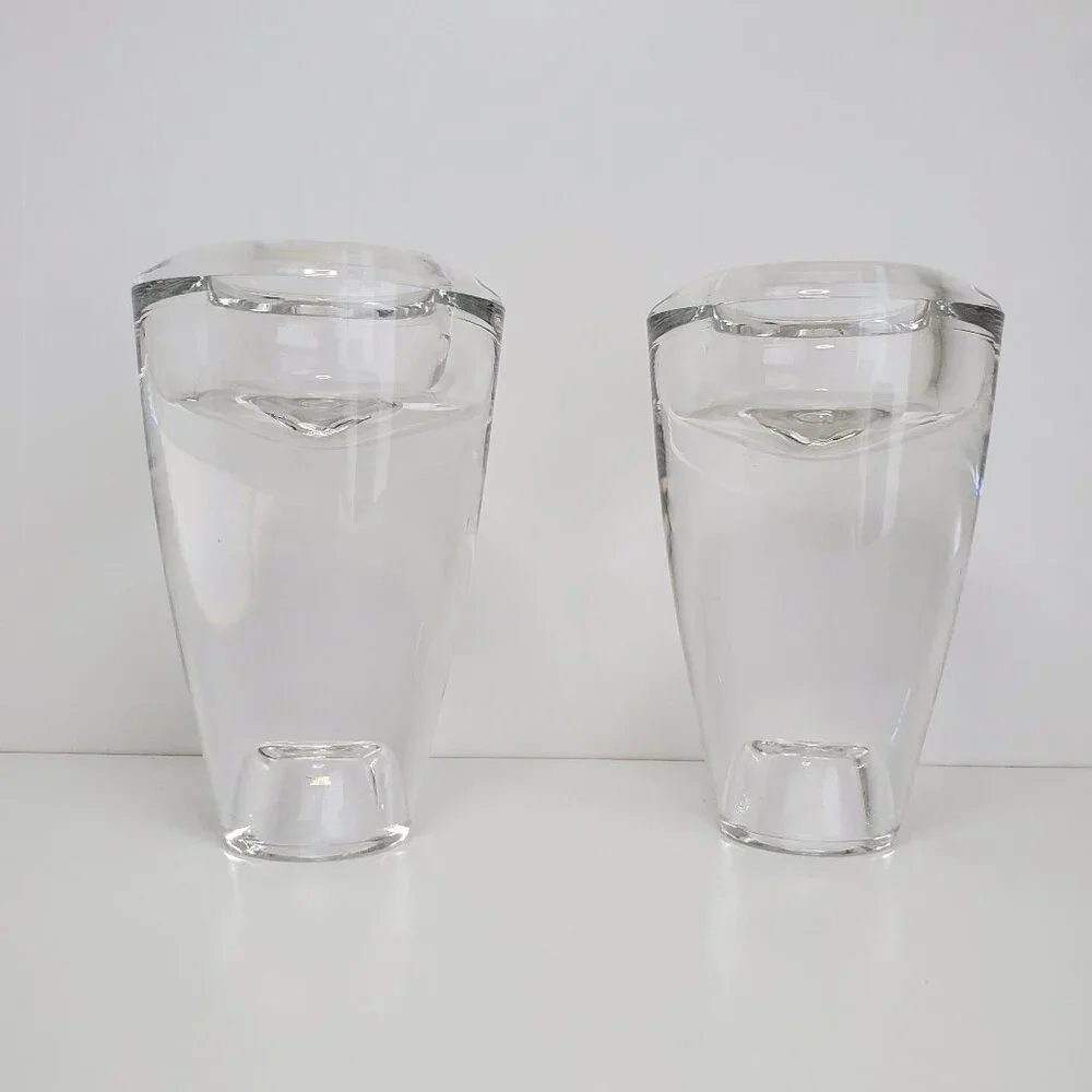 Pair of Crate & Barrel Duo Tall Candle Holders Glass Reversible Taper or Votive