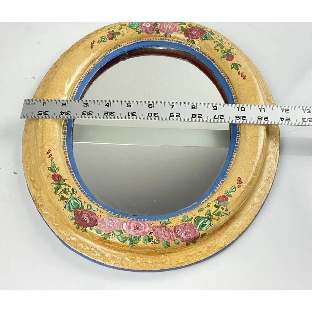 Antique Vintage Handpainted Floral Oval Wall Mirror Deep Wood Frame 12x14x1.25in