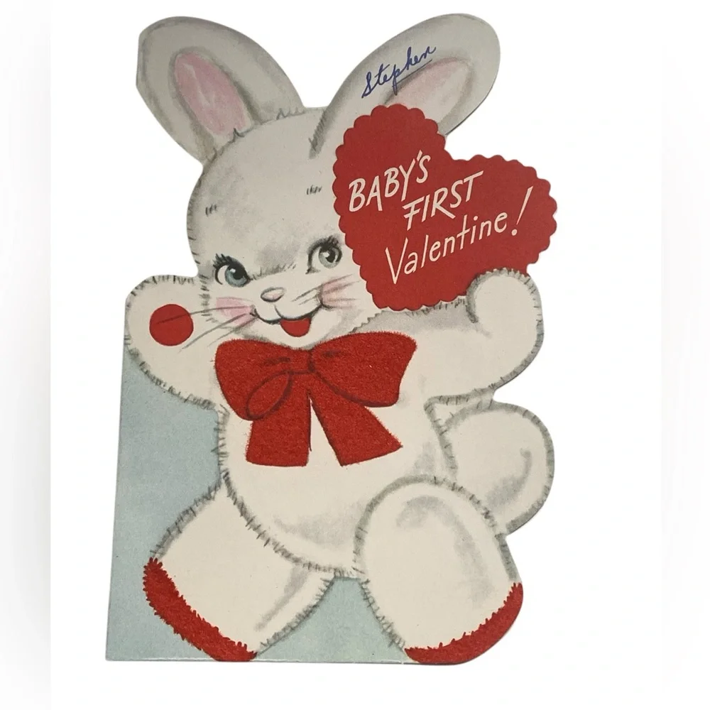 Vintage 1950’s Era Baby's First Valentine Card with Red Accents Bunny Rabbit