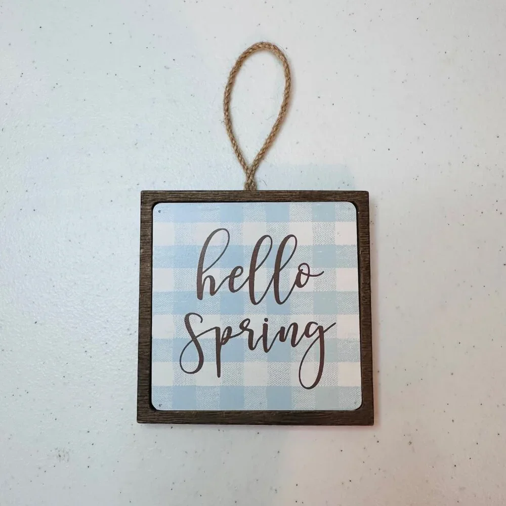 Small HELLO SPRING wood sign AND Easter Bunny Buffalo plaid spring tiered tray
