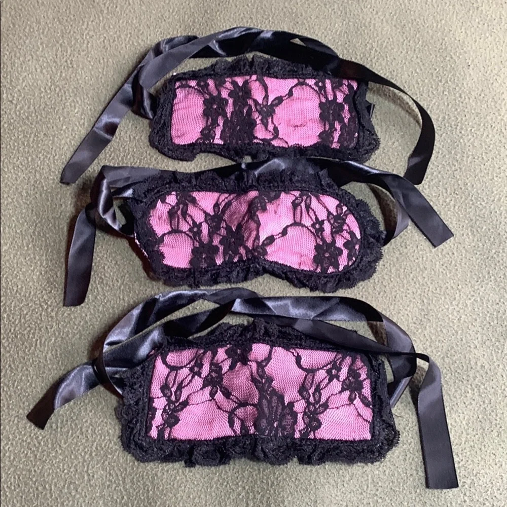 New set of 3 pink and black lace blindfolds. Never used. See pictures for size.