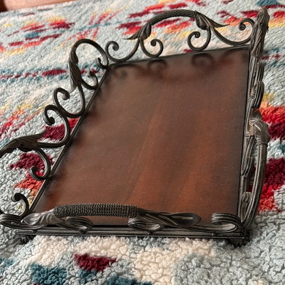 Brown and Black Vanity Tray with Ornate Metal Edges