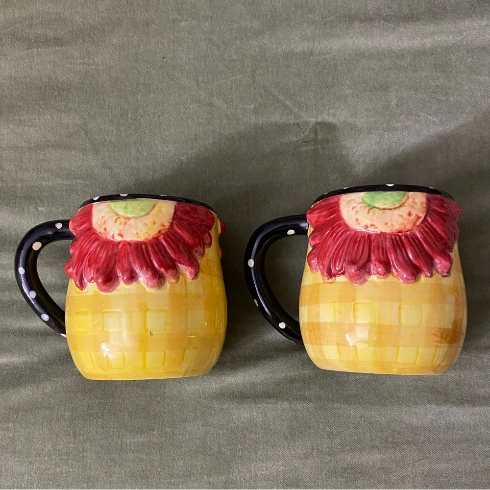 Pier 1 Imports mugs cup large checkered polka dot Sunflower lot of 3 UBM