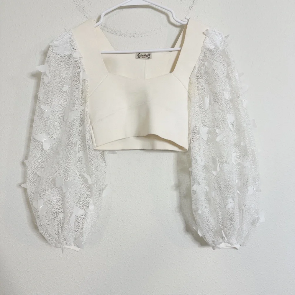 Free people white flutter long sleeve crop top