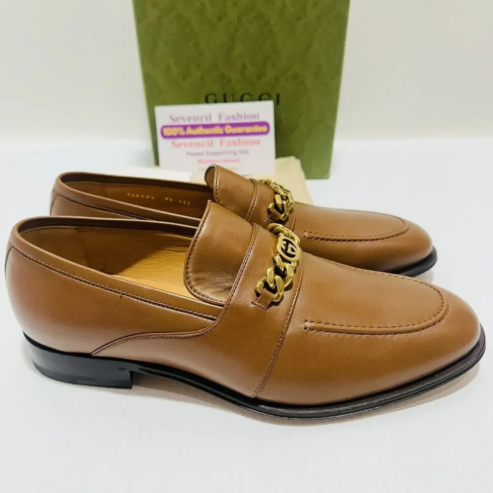 Gucci Chain Interlocking GG 9.5/ US 10 Loafer Brown Italian Leather Shoe NIB