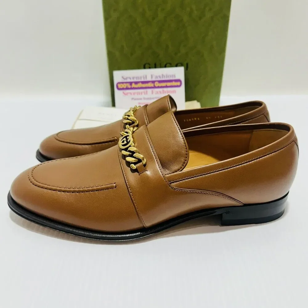 Gucci Chain Interlocking GG 9.5/ US 10 Loafer Brown Italian Leather Shoe NIB