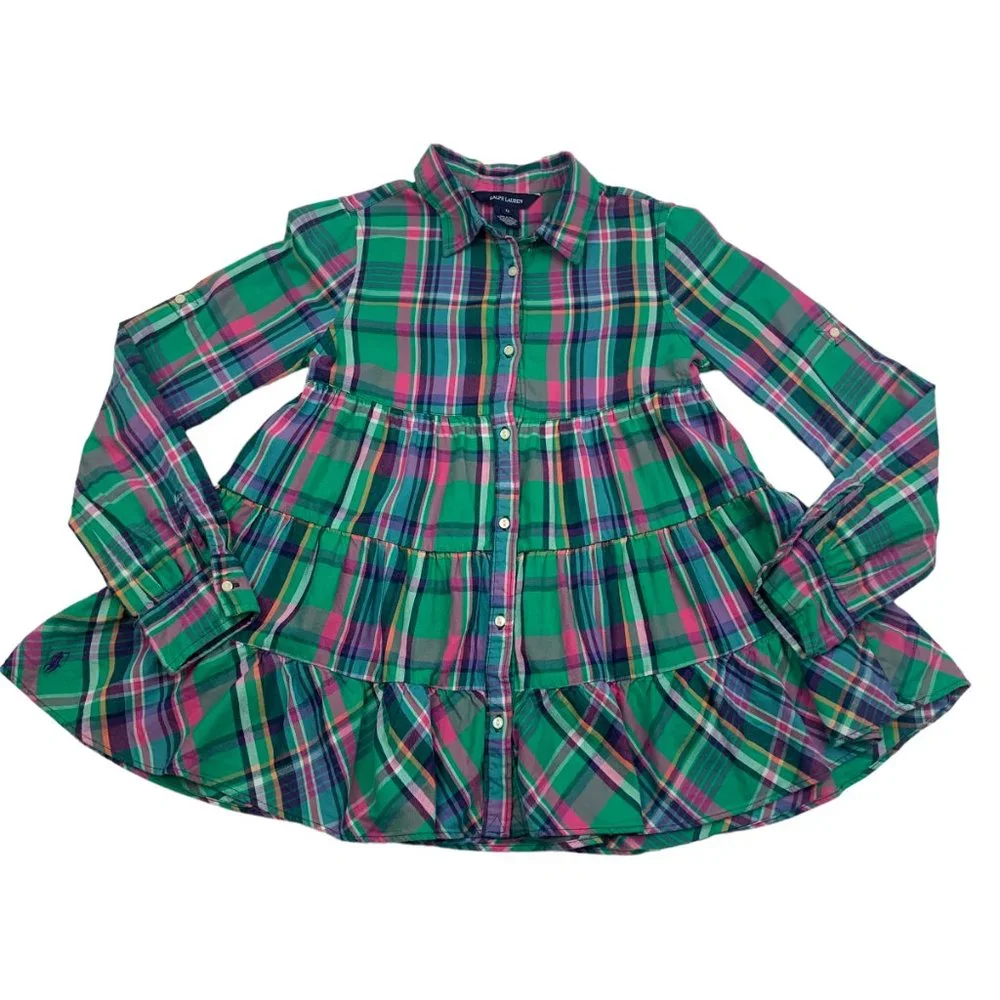 Ralph Lauren 100% Cotton Plaid/Tiered/Ruffle Long Sleeve Dress Girl's Size 12