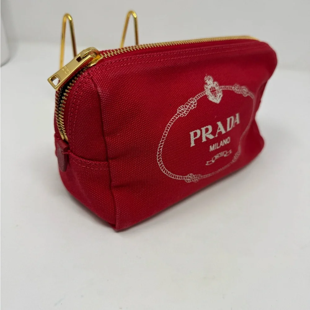💯 Authentic PRADA Logo Canapa Pouch Cosmetics Pouch Red Canvas Used