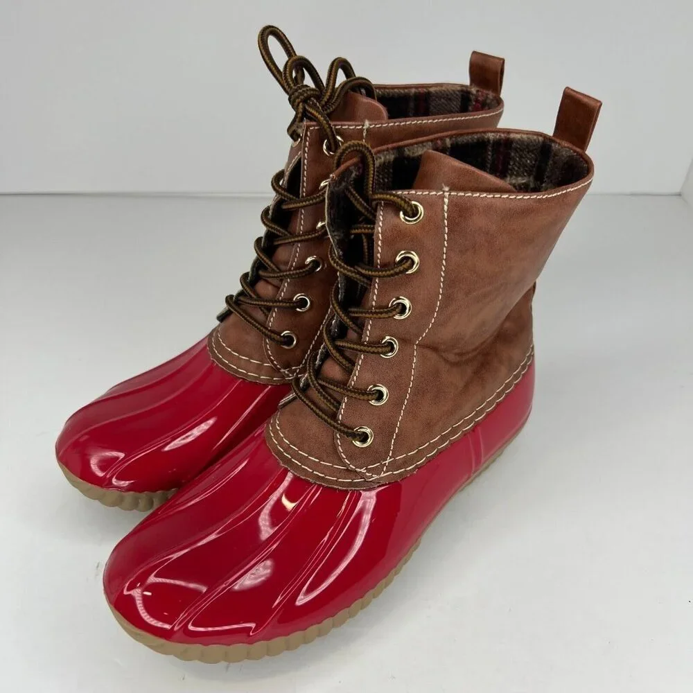 Dr Scholl's Women's Red Brown Lace-Up Sleek Waterproof Size 7 Rain Duck Boots