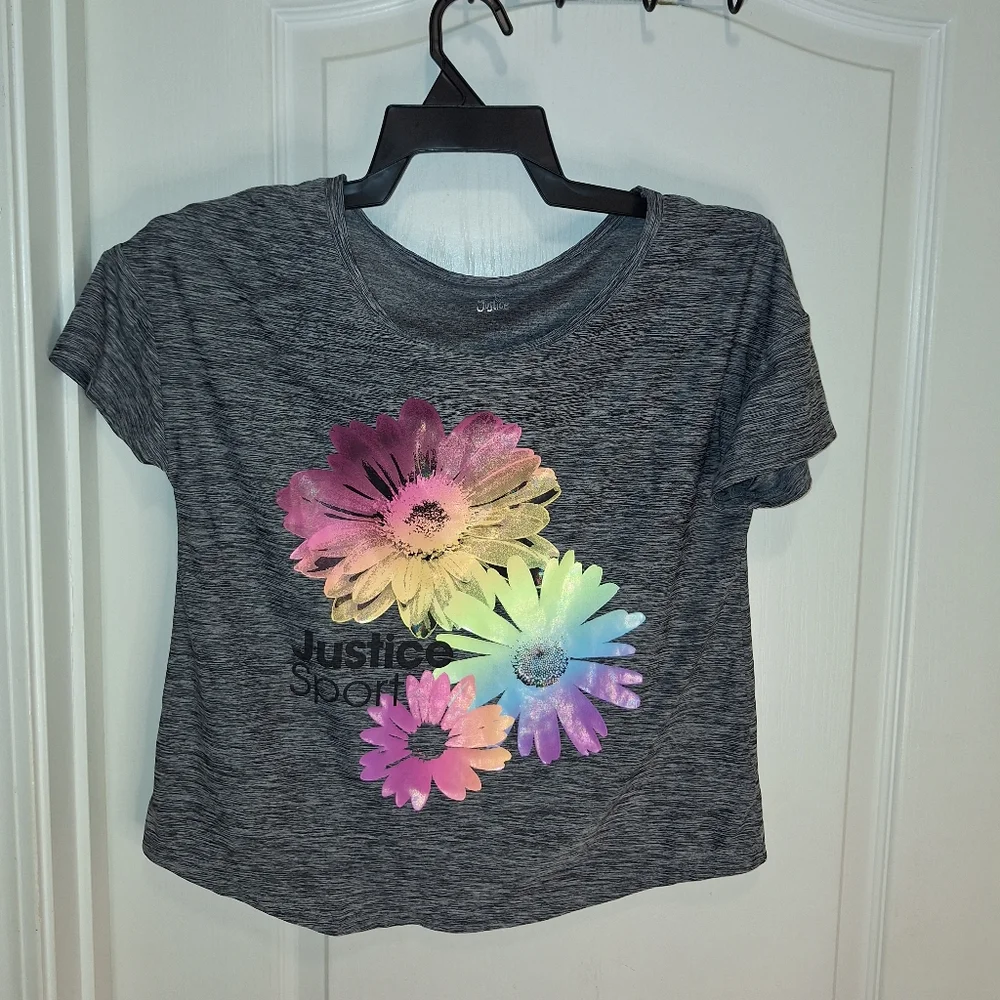 Justice Gray and Pink Floral Short Sleeve Tee/ Kids Large