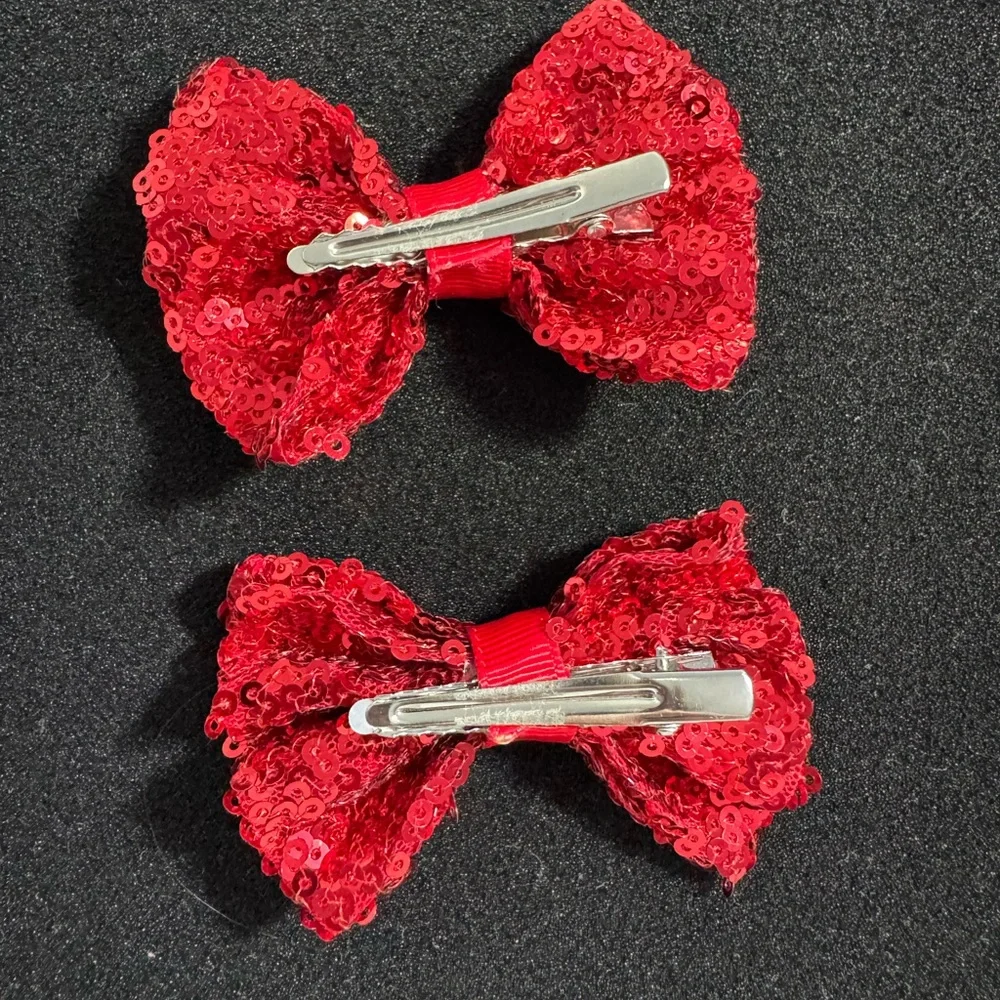 Happy Holidays Pair Of Small Bows Made With Sequins Red