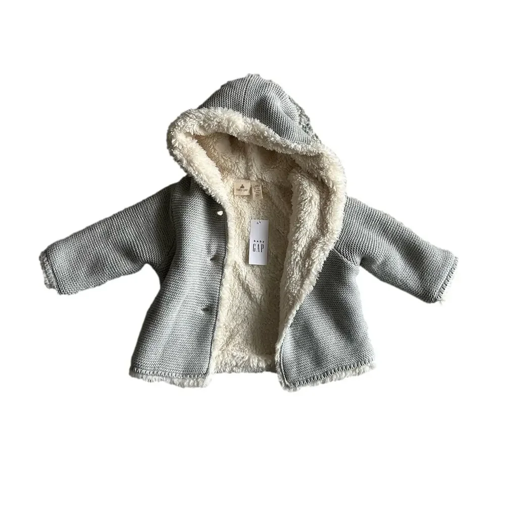 NWT Baby Gap Grey Cotton Sherpa Hooded Jacket size 6-12 months