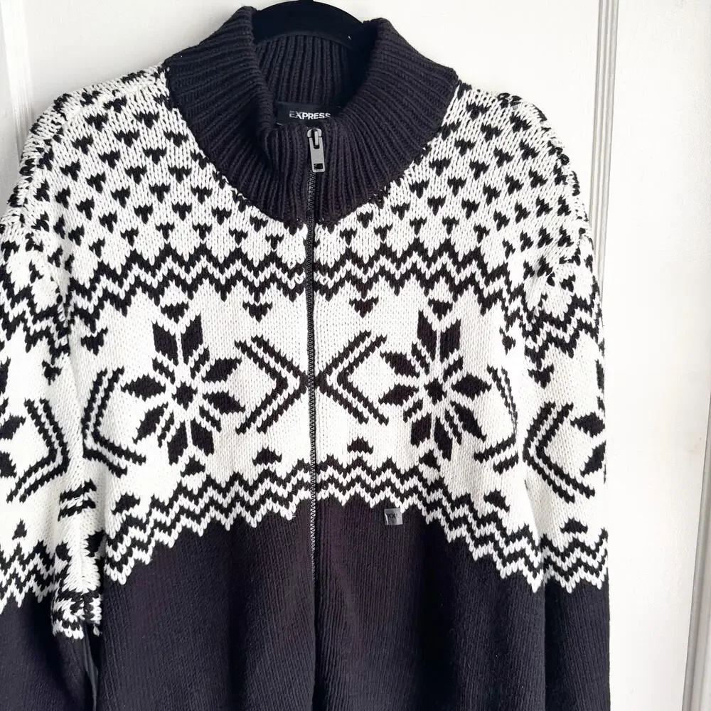 EXPRESS Men's Nordic Fair Isle Holiday Chunky Zip Sweater Cardigan Full Zip XXL