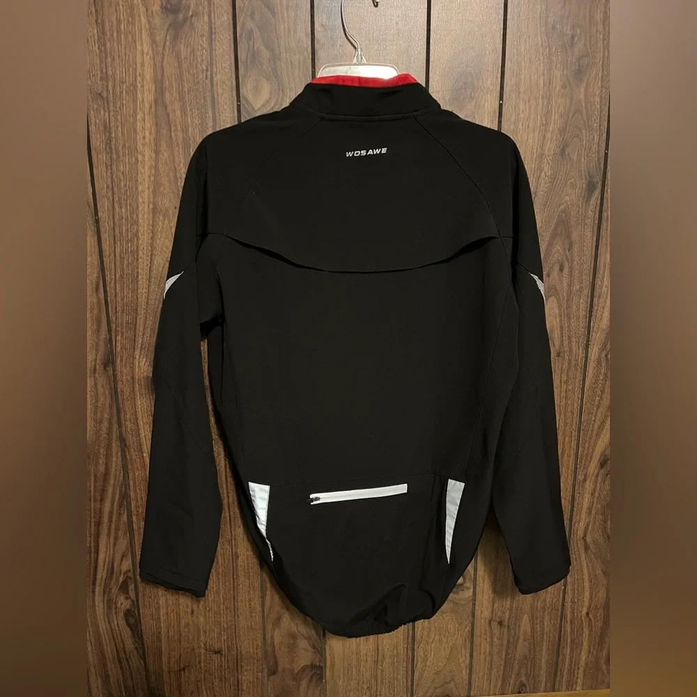 Wosawe Black Red Cycling Long Sleeve Zipper Closure Pocket Reflective Jacket L