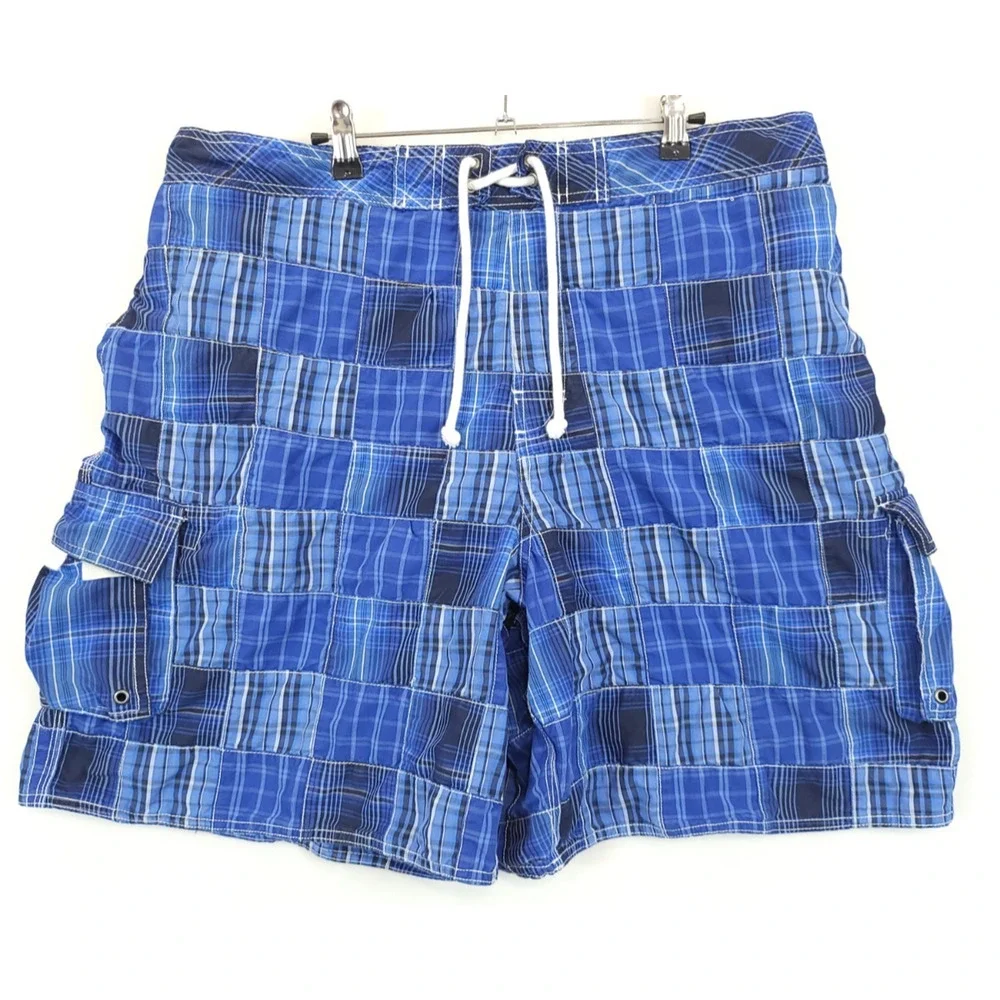 RoundTree & Yorke Cargo Board Shorts Blue Plaid Drawstring Mesh Lined Men XL
