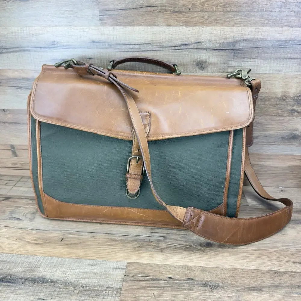 L.L. Bean Dowel Rod Canvas Green Business Travel Briefcase Shoulder Leather Bag