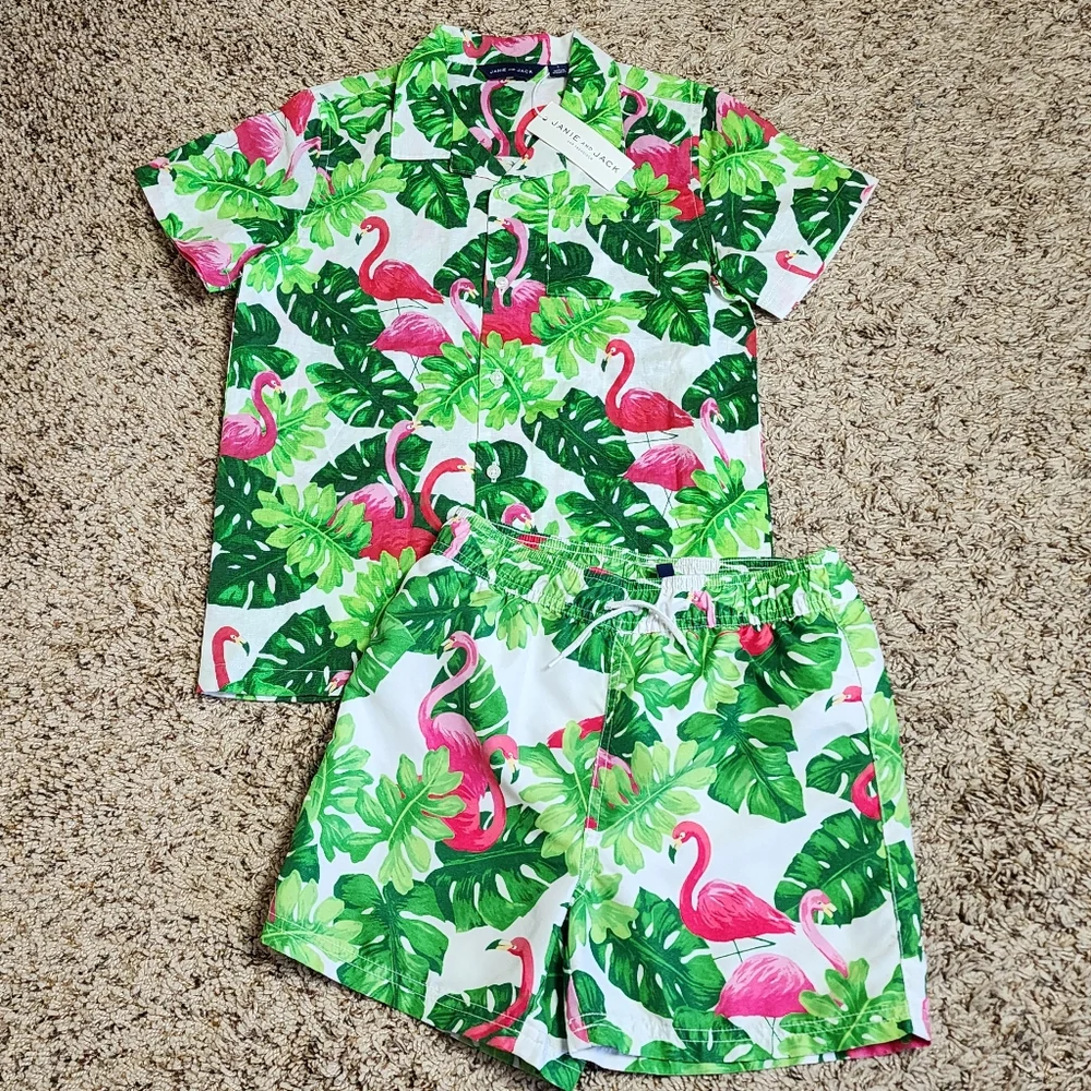 Janie and Jack Flamingo Tropical Linen Button-Front Shirt and Swim Trunks Boys