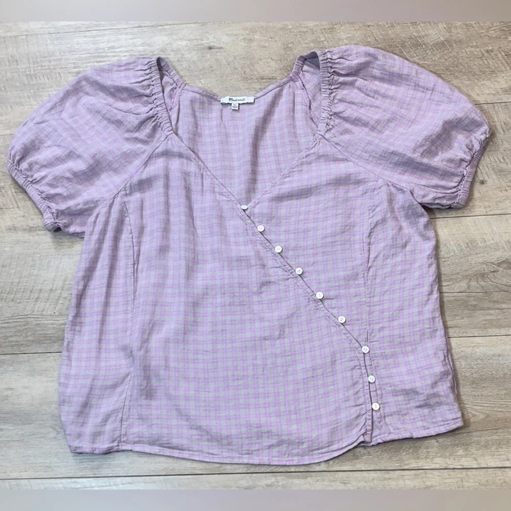 Madewell Women’s Linen Blend Lavender Plaid Puff Sleeve Button Wrap Top Size XL