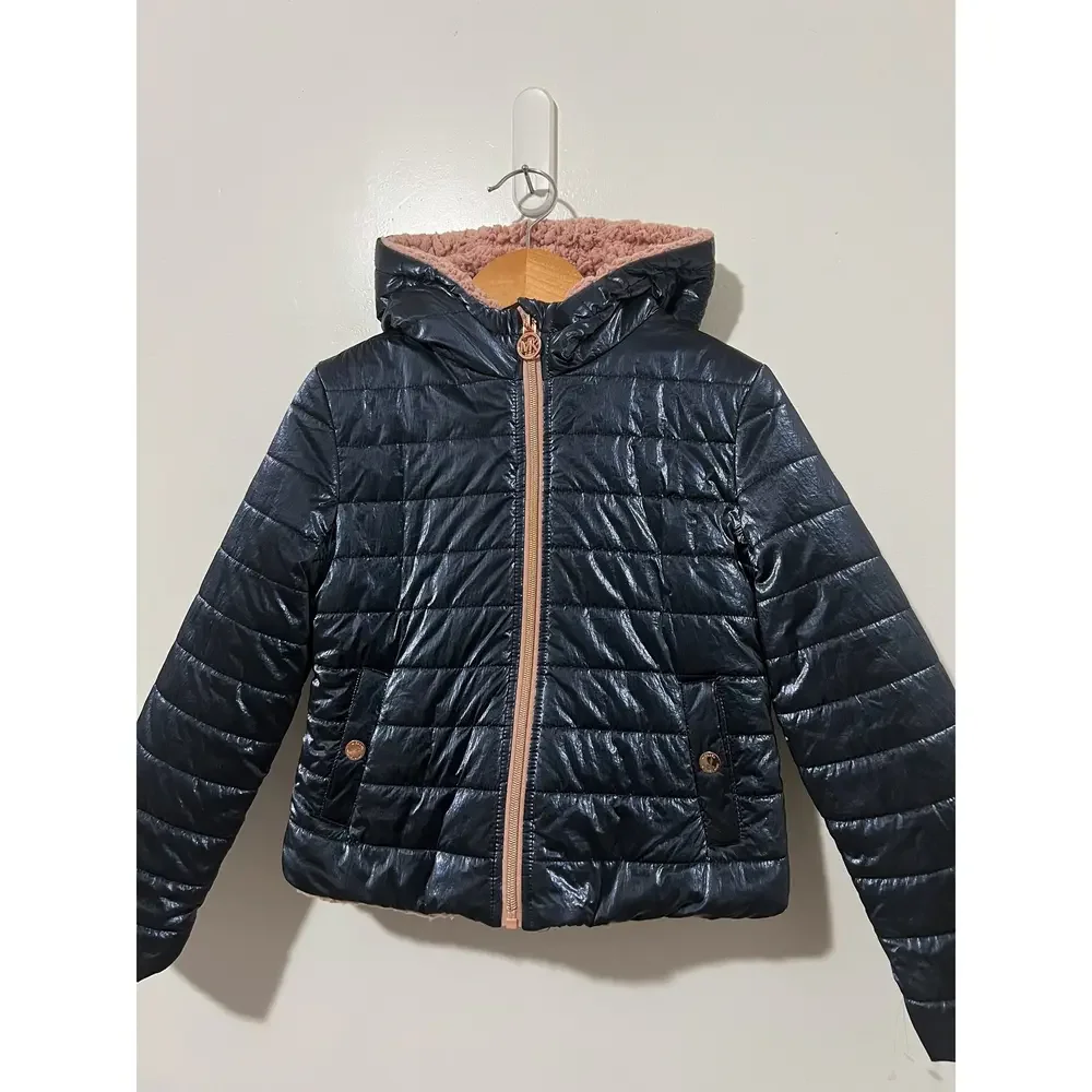 Michael Kors Girls Blue/Rose Gold Faux Fur Lined Puffer Jacket Size 6