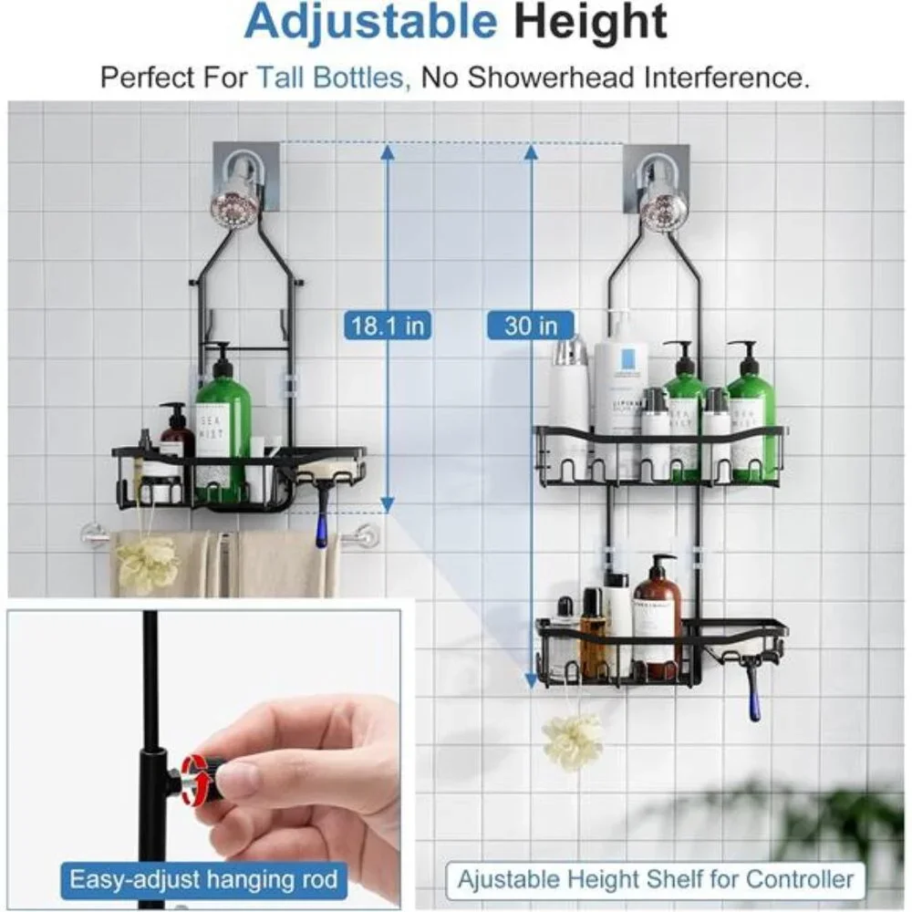 Upgraded Extended Length Shower Organizer with Hooks, Rustproof Shampoo Soap