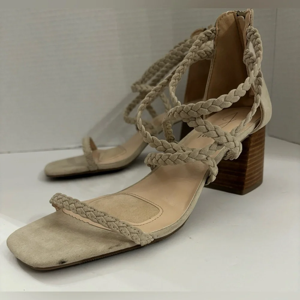 Joie Felina Women Beige Braided Open Toe Strappy Block Heel Sandals Size 9.5