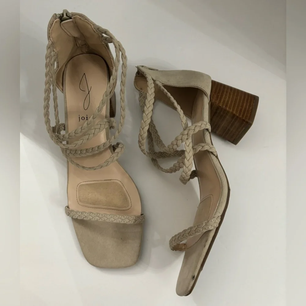 Joie Felina Women Beige Braided Open Toe Strappy Block Heel Sandals Size 9.5